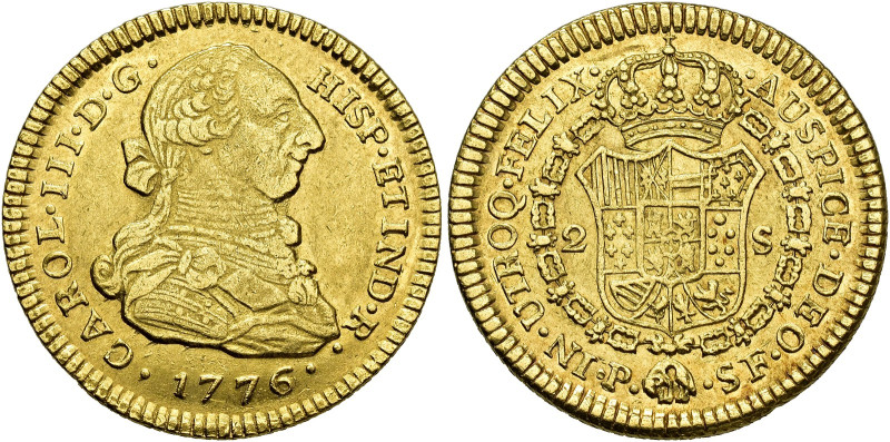 CHARLES III. 2 escudos. 1776. Popayán. SF. AU 6.73 g. 23.3 mm. VI-1375; AC-1634....