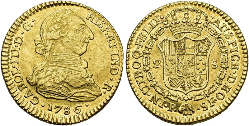 CHARLES III. 2 escudos. 1786. Popayán. SF. AU 6.74 g. 22.4 mm. VI-1385; AC-1651....