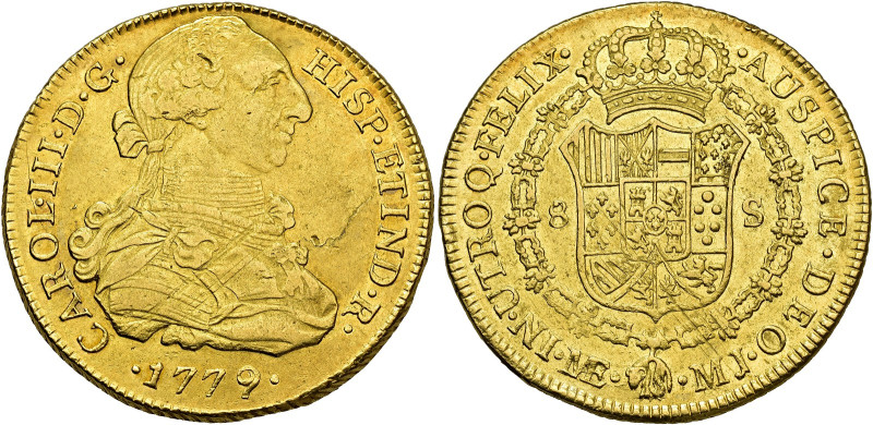 CHARLES III. 8 escudos. 1779. Lima. MJ. AU 26.98 g. 37.2 mm. VI-1606; AC-1940. A...