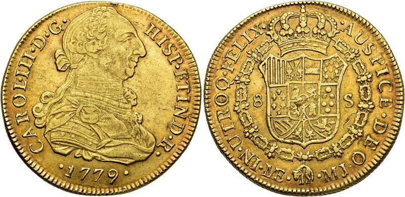 CHARLES III. 8 escudos. 1779. Lima. MJ. AU 26.96 g. 37.8 mm. VI-1606; AC-1940. N...