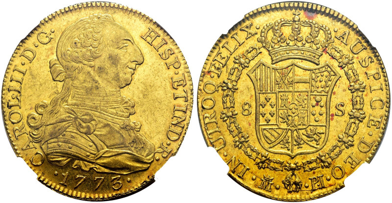 CHARLES III. 8 escudos. 1773. Madrid. PJ. AU. VI-1620; AC-1958. Encapsulated by ...