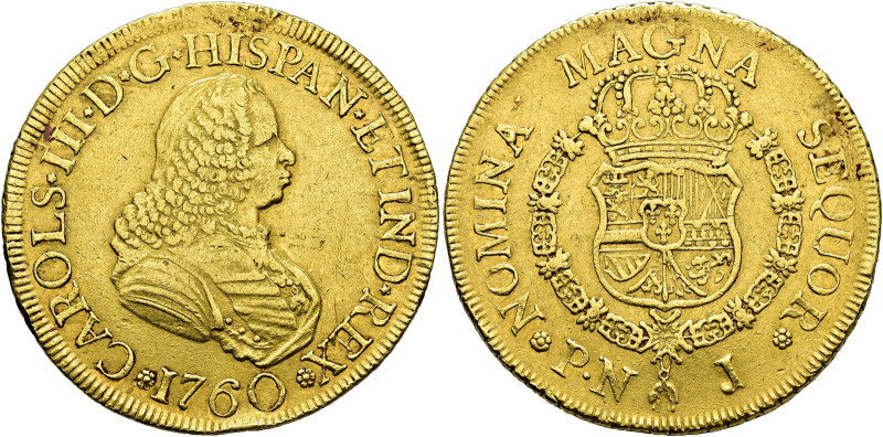 CHARLES III. 8 escudos. 1760. Popayán. J. AU 26.88 g. 37.8 mm. VI-1701; AC-2025....