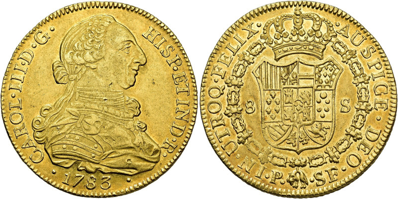 CHARLES III. 8 escudos. 1783. Popayán. SF. AU 26.99 g. 36.5 mm. VI-1722; AC-2051...