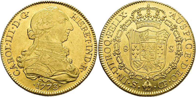 CHARLES III. 8 escudos. 1773. Seville. CF. AU 26.93 g. 36.5 mm. VI-1775; AC-2182...