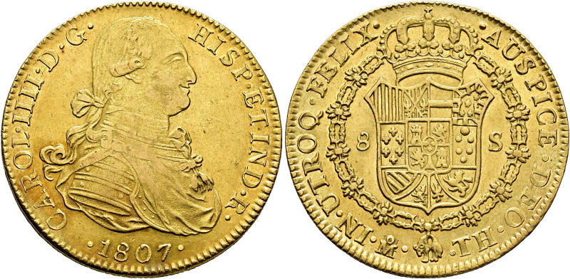 CHARLES IV. 8 escudos. 1807. Mexico. TH. Mº mintmark over inverted Mº. AU 27.02 ...