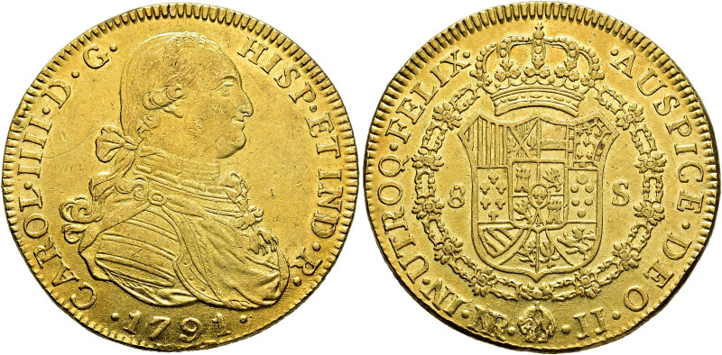 CHARLES IV. 8 escudos. 1791. Nuevo Reino. JJ. AU 27.07 g. 37.2 mm. VI-1348; AC-1...