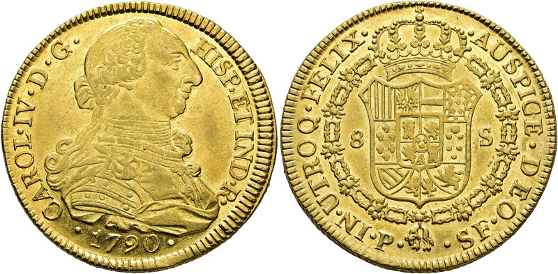 CHARLES IV. 8 escudos. 1790. Popayán. SF. AU 27.07 g. 37.4 mm. VI-1364; AC-1659....