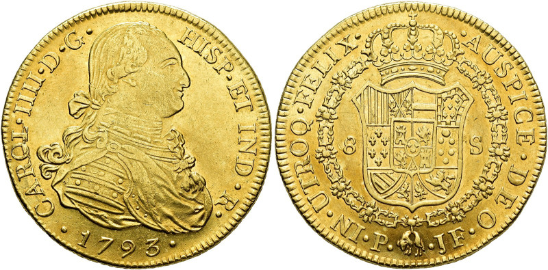 CHARLES IV. 8 escudos. 1793. Popayán. JF. AU 26.94 g. 37.1 mm. VI-1373; AC-1664....