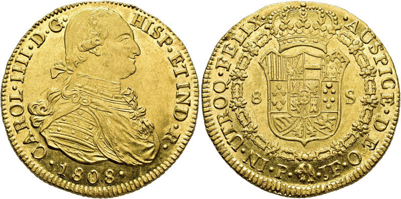 CHARLES IV. 8 escudos. 1808. Popayán. JF. AU 27.06 g. 26.5 mm. VI-1390; AC-1690....