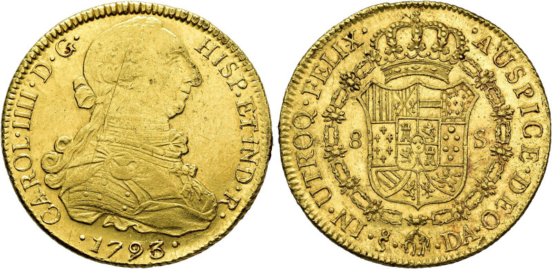 CHARLES IV. 8 escudos. 1793. Santiago. DA. AU 27 g. 36.7 mm. VI-Type 1417; AC-Ty...