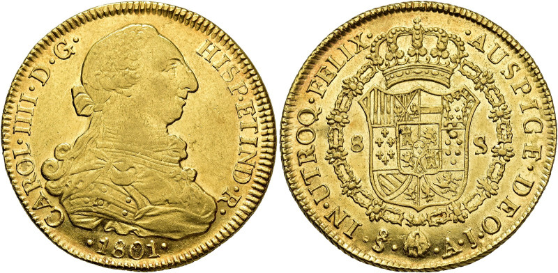 CHARLES IV. 8 escudos. 1801. Santiago. AJ. AU 27.01 g. 37.5 mm. VI-1427; AC-1769...