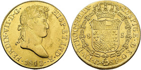 FERDINAND VII. 8 escudos. 1813. Catalonia. SF. AU 26.87 g. 35.9 mm. VI-1448; AC-1743. Minor marks due to badly struck metal. Traces of original luster...