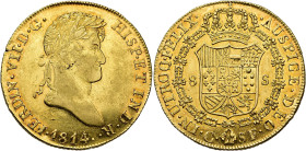 FERDINAND VII. 8 escudos. 1814. Catalonia. SF. AU 26.97 g. 36 mm. VI-1449; AC-1744. Minor marks due to badly struck metal and rim. Traces of original ...
