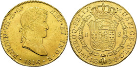 FERDINAND VII. 8 escudos. 1816. Lima. JP. AU 26.94 g. 36.5 mm. VI-1468; AC-1763. Little minting scratches and adjustment lines. EF-/ EF. / FERNANDO VI...