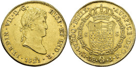 FERDINAND VII. 8 escudos. 1821. Lima. JP. AU 27.01 g. 37.4 mm. VI-1473; AC-1768. Small planchet flaws on obverse rim. VF+/ EF. / FERNANDO VII. 8 escud...