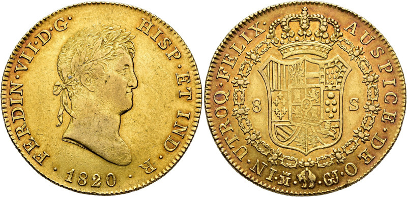 FERDINAND VII. 8 escudos. 1820. Madrid. GJ. AU 27 g. 36.02 mm. VI-1478; AC-1776....