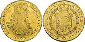 FERDINAND VII. 8 escudos. 1809. Mexico. HJ. AU 26.96 g. 36.9 mm. VI-1482; AC-1782. Minor marks on obverse and weak strike on reverse. Original luster....