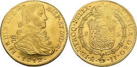 FERDINAND VII. 8 escudos. 1812. Mexico. JJ. AU 27.02 g. 36.7 mm. VI-1486; AC-1787. Weakly struck on the upper part of obverse and reverse. Traces of o...