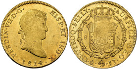 FERDINAND VII. 8 escudos. 1814. Mexico. JJ. AU 26.97 g. 37 mm. VI-1487; AC-1788. Weakly struck on obverse and reverse and small flaws in planchet. Ori...
