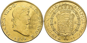 FERDINAND VII. 8 escudos. 1819. Mexico. JJ. AU 26.99 g. 36.8 mm. VI-1493; AC-1798. Multiple nicks to the right of bust and reverse. Traces of original...