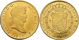 FERDINAND VII. 8 escudos. 1820. Mexico. JJ. AU 26.94 g. 36.5 mm. VI-1494; AC-1799. Traces of original luster. VF+/ EF. / FERNANDO VII. 8 escudos. 1820...