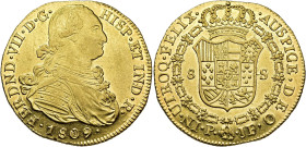 FERDINAND VII. 8 escudos. 1809. Popayán. JF. AU 26.99 g. 36 mm. VI-1511; AC-1807. Original luster. EF/EF+. / FERNANDO VII. 8 escudos. 1809. Popayán. J...
