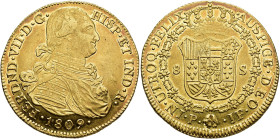 FERDINAND VII. 8 escudos. 1809. Popayán. JF. AU 26.98 g. 36.3 mm. VI-1511; AC-1807. Slight flatness in the base of the crown. EF-/ EF. / FERNANDO VII....