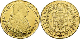 FERDINAND VII. 8 escudos. 1810. Popayán. JF. AU 26.98 g. 36.2 mm. VI-1512; AC-1809. Traces of original luster. EF-/ EF. / FERNANDO VII. 8 escudos. 181...