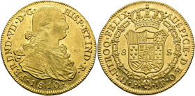 FERDINAND VII. 8 escudos. 1810. Popayán. JF. AU 26.94 g. 36.2 mm. VI-1512; AC-1809. Minor marks. Traces of original luster. EF-. / FERNANDO VII. 8 esc...