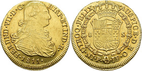 FERDINAND VII. 8 escudos. 1811. Popayán. JF. AU 27.02 g. 36.5 mm. VI-1513; AC-1811. Slightly off-centred obverse. Minor marks and weakly struck in the...