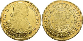 FERDINAND VII. 8 escudos. 1815. Popayán. JF. AU 26.88 g. 37.3 mm. VI-1517; AC-1817. Traces of original luster. VF+/ EF-. / FERNANDO VII. 8 escudos. 18...