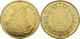 FERDINAND VII. 8 escudos. 1817. Popayán. JF. AU 26.91 g. 36.5 mm. VI-1521; AC-1821. Weakly struck on reverse. Minor marks. Traces of original luster. ...