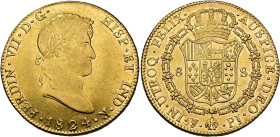 FERDINAND VII. 8 escudos. 1824. Potosi. PJ. AU 26.98 g. 36 mm. VI-1531; AC-1828. Minor marks. Original luster. EF-/EF+. Rare. / FERNANDO VII. 8 escudo...