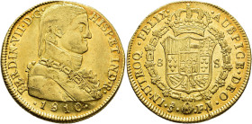 FERDINAND VII. 8 escudos. 1810. Santiago. FJ. AU 26.95 g. 37.6 mm. VI-1534; AC-1863. Planchet flaws on obverse. Original luster. EF-/EF. / FERNANDO VI...