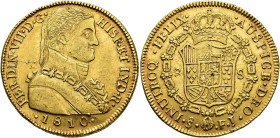 FERDINAND VII. 8 escudos. 1810. Santiago. FJ. AU 27 g. 37.8 mm. VI-1534; AC-1863. Laminations. VF+. / FERNANDO VII. 8 escudos. 1810. Santiago. FJ. AU ...