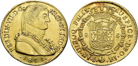 FERDINAND VII. 8 escudos. 1811. Santiago. FJ. AU 26.95 g. 37.8 mm. VI-1536; AC-1865. Slight adjustment lines on obverse. Traces of original luster. VF...