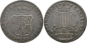 ISABELLA II. 6 cuartos. 1836. Barcelona. Legend REYNA. 14.01 g. 32.7 mm. AC-16. Small burr. VF+. Very rare. / ISABEL II. 6 cuartos. 1836. Barcelona. L...