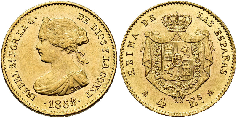 ISABELLA II. 4 escudos. 1868/ 7* 6- 8. Madrid. AU 3.35 g. 17.8 mm. VI-573 var.; ...