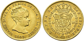 ISABELLA II. 80 reales. 1842. Barcelona. CC. AU 6.73 g. 21.1 mm. VI-585; AC-709. Traces of original luster. EF-/ EF. / ISABEL II. 80 reales. 1842. Bar...