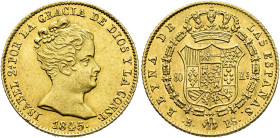 ISABELLA II. 80 reales. 1845. Barcelona. PS. AU 6.73 g. 20.9 mm. VI-588; AC-713. Tracesof original luster. EF+. / ISABEL II. 80 reales. 1845. Barcelon...