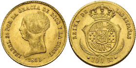 ISABELLA II. 100 reales. 1855. Seville. 8.37 g. 21.9 mm. VI-655; AC-796. Traces of original luster. EF-. / ISABEL II. 100 reales. 1855. Sevilla. 8,37 ...
