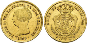 ISABELLA II. 100 reales. 1855. Seville. 8.35 g. 21.8 mm. VI-655; AC-796. Nick on rim. EF. / ISABEL II. 100 reales. 1855. Sevilla. 8,35 g. 21,8 mm. VI-...