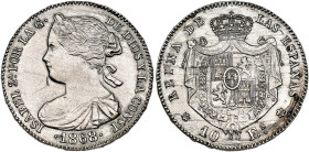 ISABELLA II. 10 escudos. 1868* 1868. Madrid. Contemporary counterfeit in platinum. PT 7.93 g. 21.7 mm. Barrera-913. Little scratch on obverse and smal...