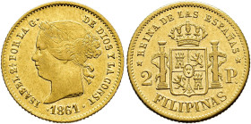 ISABELLA II. 2 pesos. 1861. Manila. AU 3.38 g. 17.7 mm. VI-679; AC-836. Traces of original luster. EF-/ EF. / ISABEL II. 2 pesos. 1861. Manila. AU 3,3...