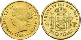 ISABELLA II. 2 pesos. 1863. Manila. AU 3.4 g. 17.6 mm. VI-681; AC-841. Traces of original luster. EF. / ISABEL II. 2 pesos. 1863. Manila. AU 3,4 g. 17...