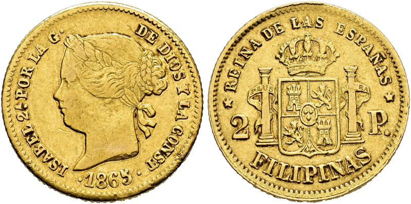 ISABELLA II. 2 pesos. 1865. Manila. AU 3.35 g. 17.5 mm. VI-683; AC-845. VF/ EF-....