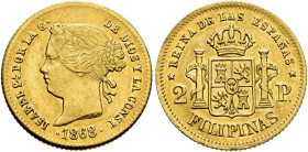 ISABELLA II. 2 pesos. 1868. Manila. AU 3.34 g. 17.6 mm. VI-685; AC-850. EF. Traces of original luster. / ISABEL II. 2 pesos. 1868. Manila. AU 3,34 g. ...