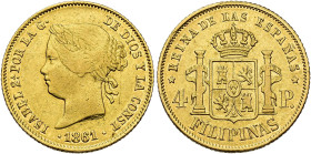 ISABELLA II. 4 pesos. 1861. Manila. AU 6.7 g. 21.1 mm. VI-686; AC-852. Traces of original luster. VF+/ EF-. / ISABEL II. 4 pesos. 1861. Manila. AU 6,7...