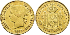 ISABELLA II. 4 pesos. 1862. Manila. AU 6.74 g. 21.1 mm. VI-687; AC-854. Traces of original luster. VF+/ EF-. / ISABEL II. 4 pesos. 1862. Manila. AU 6,...