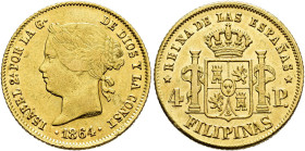 ISABELLA II. 4 pesos. 1864. Manila. AU 6.76 g. 21.1 mm. VI-689; AC-858. Traces of original luster. VF+/ EF. / ISABEL II. 4 pesos. 1864. Manila. AU 6,7...